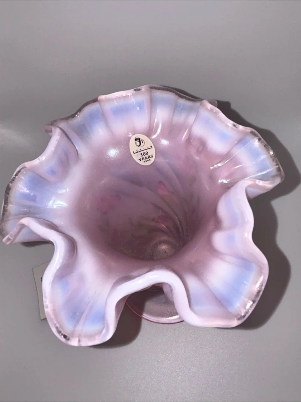 FENTON 100th ANNIVERSARY Rosemilk Floral Painted Art Glass Vase SIGNED